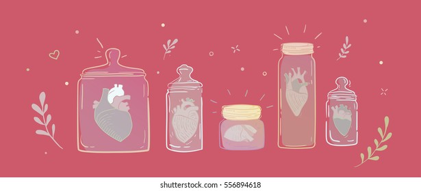 A set of jars with broken hearts. Collection relations. Illustration can be used in articles, book cover, print on t-shirt. Illustration of a simple, bright.