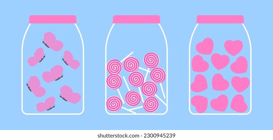 Set of jars with butterflies, lollipops and hearts. Awesome cute vector illustration. Cool flat clip art. Icons for greeting cards, stickers