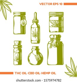 A set of jars with CBD THC medical oil. Different options with labels. Isolated on a white background. Engraving. Vector illustration.