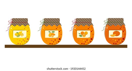 Set of jars of citrus fruits jam. Juicy Mandarins, Kumquat, Lemon, Oranges Homemade handmade jam. Flat style Vector Illustration isolated on white Background.