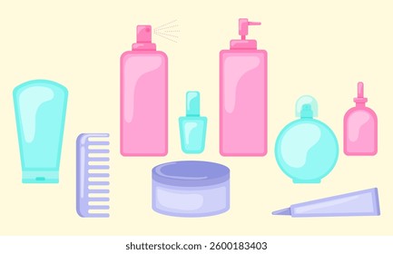 Set of jars for cosmetics and skin care. Perfume, comb, serum, eye cream, toner, face cream, hands and nail polish. Vector flat illustration on light background