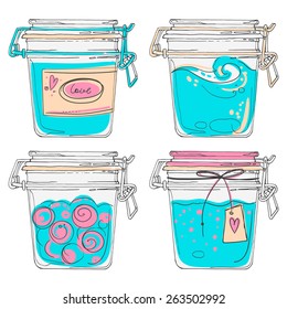 A set of jars with cream, with lids and labels. Sketch color line. Vector drawing