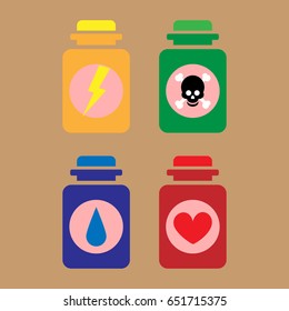 Set jars with different filling. Vector illustration. Set of pixel bottles with different potions.