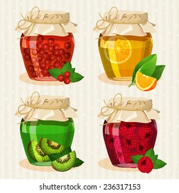 Set of jars with fruits. Kiwi, raspberries, strawberries, blueberries, oranges. Transparent cans.