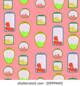 Set of jars with fruits seamless pattern background 