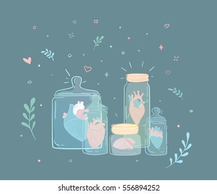 A set of jars with hearts. Illustration lover and collection of hearts. Left relations.