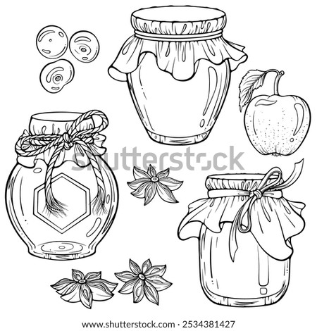 Set of jars with homemade fruit jam, honey or marmalade. Natural preservation berry dessert. Vector illustration in hand drawn sketch doodle style. Line art isolated on white for coloring book, print
