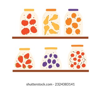 A set of jars with homemade jam. Vector illustration in a flat style. Hand drawn homemade fruit marmalade.