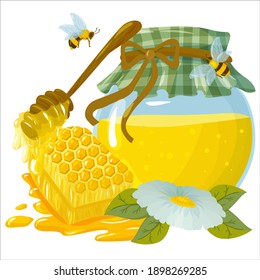 Un conjunto de jarras con miel y abejas por ahí. miel de abeja natural dibujada en ilustración vectorial de estilo caricaturista aislada en fondo blanco