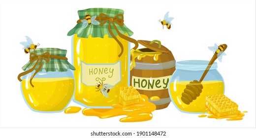 set of jars with honey and bees around. natural bee honey drawn in cartoon style vector illustration isolated on white background
