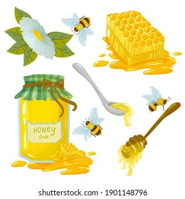set of jars with honey and bees around. natural bee honey drawn in cartoon style vector illustration isolated on white background