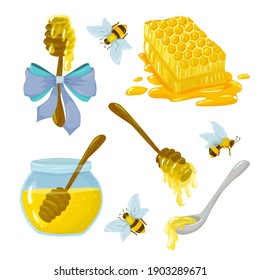 set of jars with honey and bees around. natural bee honey drawn in cartoon style vector illustration isolated on white background