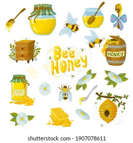 set of jars with honey and bees around. natural bee honey drawn in cartoon style vector illustration isolated on white background
