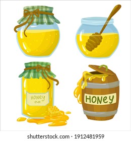 set of jars with honey and bees around. natural bee honey drawn in cartoon style vector illustration isolated on white background