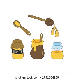 Set of jars with honey in cartoon style isolated on white background. Honey wooden spoon with honey drops and three different jars of honey. Natural product. Vector illustration