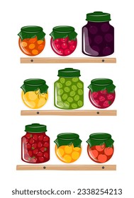 Set of jars with jam. Assorted jams on the shelves. Prepared food for winter season. Vector illustration of natural dessert. 