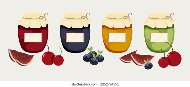 A set of Jars with jam from berries. Vector stock illustration. White background. isolated. Sweetness for bread. Food. yummy