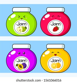 Set of jars with jam, with different tastes (apple, plum, orange, strawberry) in kawaii style