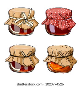 Set jars for jam, empty cans, cover, packaging, a black line on a white background. Vector skech food