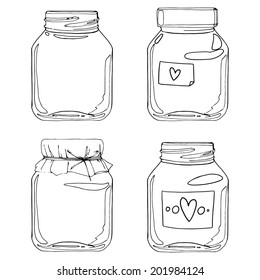 Set jars for jam, empty cans, cover, packaging, a black contour on a white background, Vector decoration elements