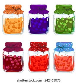 Set jars for jam, empty cans, cover, packaging, a black contour on a white background, Vector decoration color elements