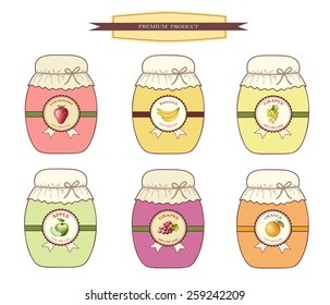Set jars of jam from fruits isolated on white background.