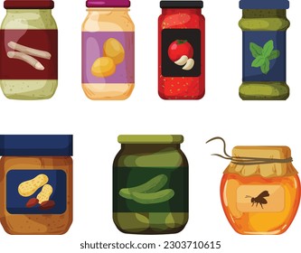 set of jars with jam and marmalade icons vector illustration design