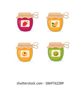 Set of jars with jam. Orange, raspberry, kiwi, peach jam. Vector illustration.