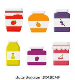 A set of jars with jam from various fruits on a white background for use in clipart, menu or web design