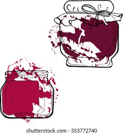 Set of jars of jelly or jam or marmalade on white background with abstract brushstrokes. Cartoon sketch drawn by ink. Hand drawn vector illustration.