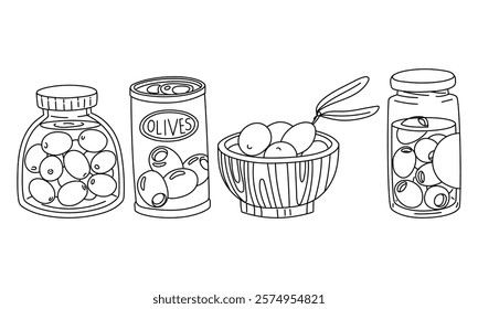 set of jars with olives in the contour. variety of containers in a row of different shapes in a glass, iron jar and wooden plate. Olives with and without pits. Contour illustration of food. Isolated