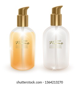 Set of jars with orange liquid and empty jar on a white background, A jar of shampoo or liquid soap, cosmetic product healthcare banner. Vector EPS 10