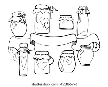 Set jars. Ribbon banner. Vector illustration. Hand drawn jars for your design.