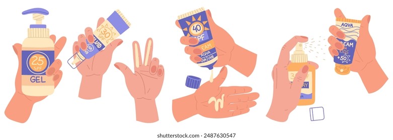 Set of jars with sunscreen in your hands. Squeeze and hold the liquid in a closed and open variety of tubes. Cosmetics. Face and body care products. Icon of the jar with Spf liquid. Flat style objects