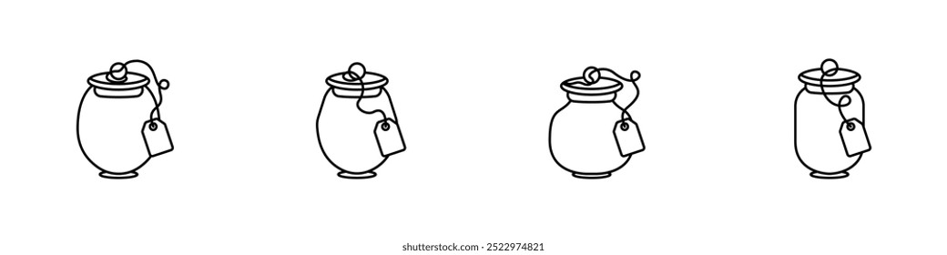 Set of jars vector icons. Set of magic jars with tags. Urns outline vector. Simple jars set. A jar with a lid and a sticker on a thread. Vector illustration.