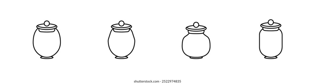 Set of jars vector icons. Set of magic jars with tags. Urns outline vector. Simple jars set. A jar with a lid and a sticker on a thread. Vector illustration.