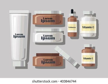 Set of jars. Vector illustration of various cosmetic and health  products. Beauty product package. Banner, poster.