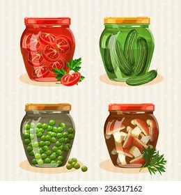 Set of jars with vegetables. Tomatoes, peas, cucumbers, mushrooms.