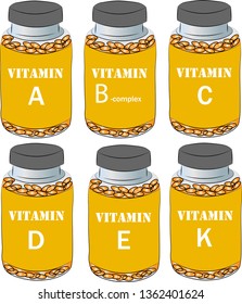 A set of jars with vitamins A, B, C, D, E, K