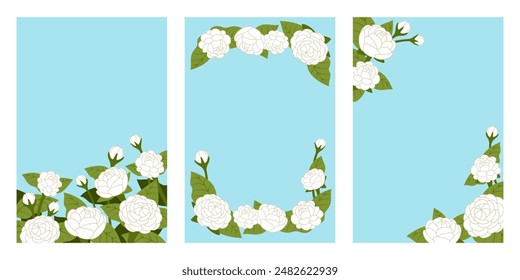 Set of Jasmine banner design with blue background in 3 different layouts for artwork of greeting card, invitation, poster, banner and Mother’s Day concept.