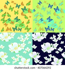 Set of jasmine flowers, butterflies bright. seamless vector illustration