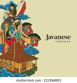 Set Javanese Illustration. Hand drawn Indonesian cultures background