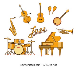 Set of jazz band musical instruments. Color vector illustration flat outline style. White isolated background.