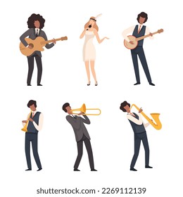 Set of jazz band musicians performing with musical instruments and singing cartoon vector illustration