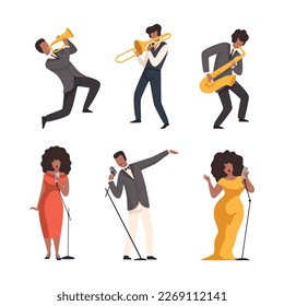 Set of jazz band musicians performing with musical instruments and singing. Musicians playing saxophone, guitar, trumpet cartoon vector illustration