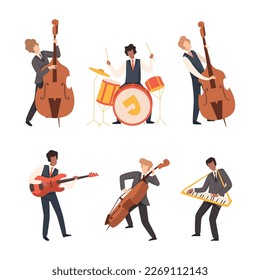 Set of jazz band musicians performing with musical instruments. Musicians playing synthesizer, double bass, drum, acoustic guitar cartoon vector illustration