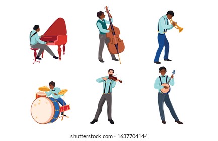 Set of jazz band musicians playing instruments vector illustration