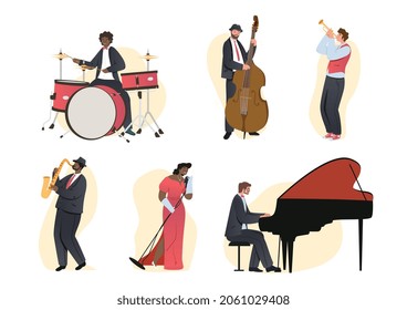 Reihe von Jazzband-Leuten. Männer und Frauen spielen Musikinstrumente und singen. Charaktere mit Schlagzeug, Cello, Klavier, Trompete und Saxophon. Cartoon-FlachVektorgrafik, einzeln auf weißem Hintergrund