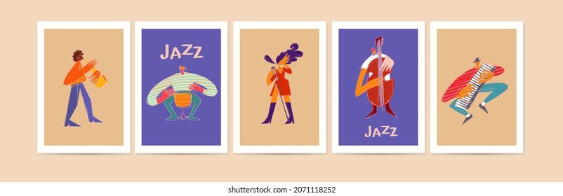 Bandas de jazz con diversos instrumentos musicales y cantantes. Colección de ilustraciones de afiches musicales. Incluye tambor, saxofón, trompeta, piano