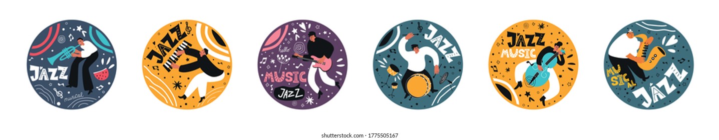 Eine Reihe von Jazz-Comics von Musikern. Trompeter, Saxophonist, Schlagzeuger, Gitarrenspieler, Doppel-Bass-Spieler, Pianist für Orchester. Vektormusikalische Instrumente. Illustrationen im Stil von Comics